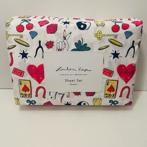 London Kaye Lucky Girl Queen Size Sheet Set Heart Wishbone Ace of Spades Dice